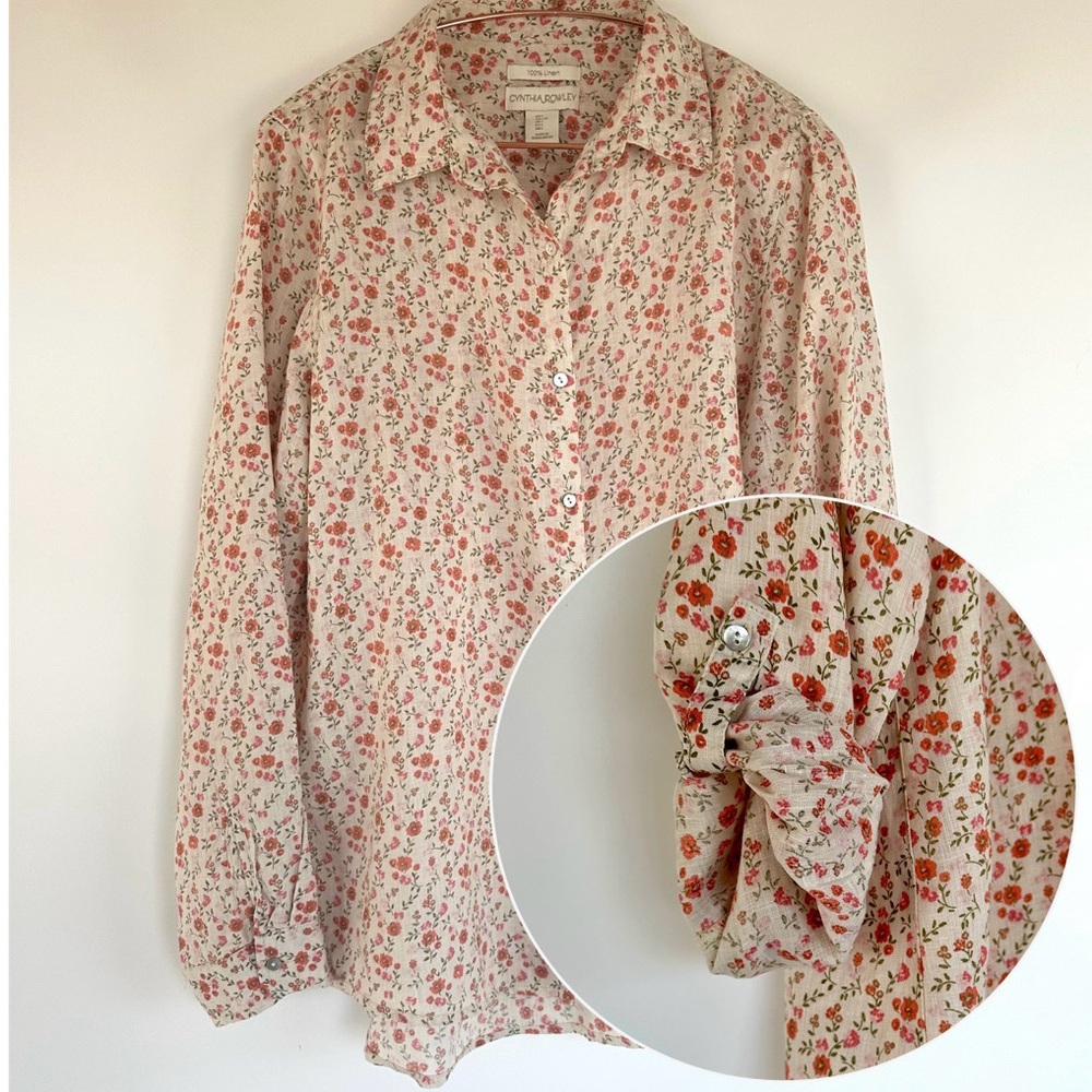 Cynthia Rowley 100% Linen Ditsy Floral Button Up Top Roll Tab Sleeves